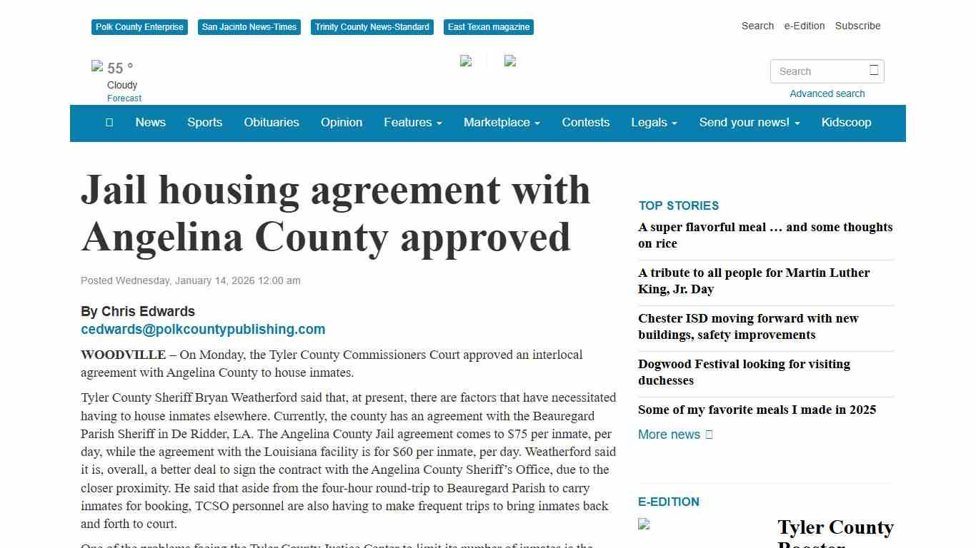 Jail housing agreement with Angelina County approved - Tyler County Booster